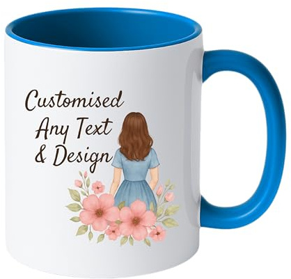 Personalised Mug | Coffee Cup with Coloured Handle and Inner | Any Photo or Text | Custom Coloured Cups for Valentine, Birthdays, & Occasions | Ceramic Mugs Available in Ten Colours | Light Blue