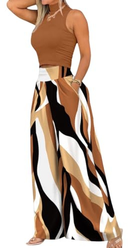 shownicer Ensemble Femme 2 Pièces Chic Et Elegant Top sans Manche + Pantalon Décontracté D'été Tenue Imprimé Fleurs Loungewear Set Casual Outfit Streetwear A Marron XXL