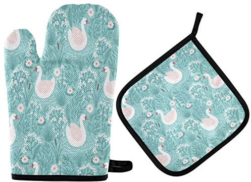 Ufuson Weiße Schwan und Blumen Ofenhandschuhe & Topflappen, rutschfeste Kochhandschuhe, waschbar, hitzebeständig, Ofenhandschuhe für Mikrowelle, Grillen, Grillen, 2 Stück