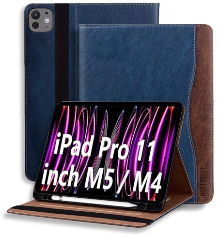 Coque pour iPad Pro 11 Pouces M4 (2024) Tablette Housse de Protection Étui Pencil Holder Support Multi Angles avec Auto Schlaf/Aufwach en Cuir PU Bleu