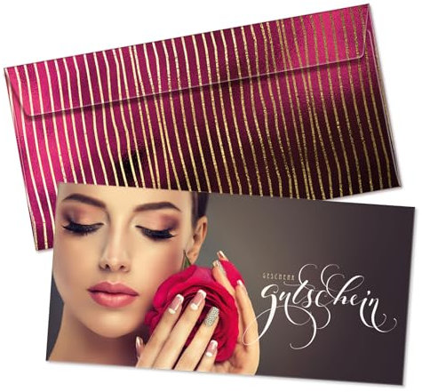 GESCHENKGUTSCHEINcom by POS-HAUER. Gutschein-Set. 25x Gutschein + Kuvert. Für Kosmetik Fingernagelstudios Lash-Extentions, blanko zum selber Ausfüllen.