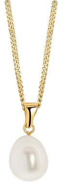 MIORE Schmuck Perlenkette Damen mit Kettenanhänger Gold 14K 585, Halskette Silber 925, Panzerkette, Silberkette 45 cm Lang, Vergoldete Kette