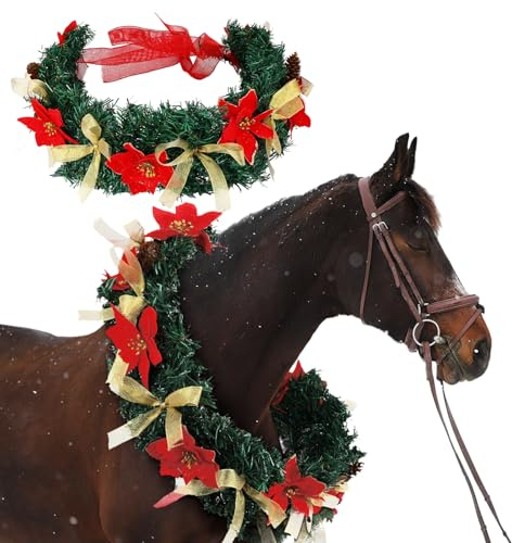 Dingion Weihnachtskranz, Pferdehals-Girlande, 42 cm, künstliche Outdoor-Girlande, Pferde-Kostüm für Urlaub, Dekoration, Weihnachtsfeier, Paraden, Zubehör (Weihnachtsblumen-Stil)