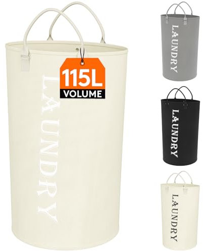 Lifewit Panier a Linge Pliable 115L, Corbeille a Linge avec Poignée Robuste, Grand Sac Linge Sale Faciles à Transporter, Bac a Linge pour Vêtements, Serviettes, Couvertures, Jouets, Blanc argenté