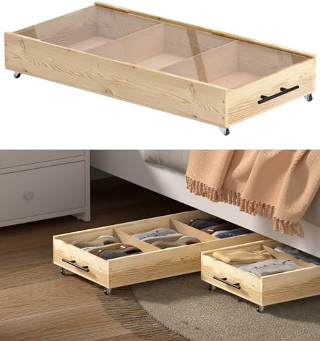 1 cassetto portaoggetti in legno massello con coperchi, ruote, maniglie, armadio sottoletto diviso, organizer per vestiti in legno, adatto per letti di qualsiasi dimensione (marrone)
