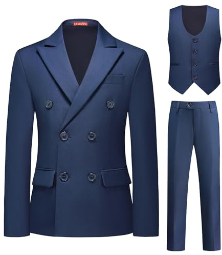 Lamgool Boys Suit 3 Piece Slim Fit Tuxedo Double Breasted Kids Formal Outfit Set Size 12 with Blue Blazer Vest Pant for Wedding Prom