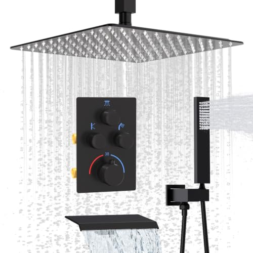 Matte Black Push-Button Thermostatic Concealed Shower Mixer Valve tap Set