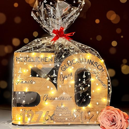 2026 Holz-Schild Gästebuch, 50 Geburtstag Frau & Mann mit LED Lichterkette | 50. Geburtstag Frauen & Männer, Geschenk zum 50 Geburtstag, Geldgeschenke Holzschild Gästebuch, Geburtstagszahlen Tischdeko