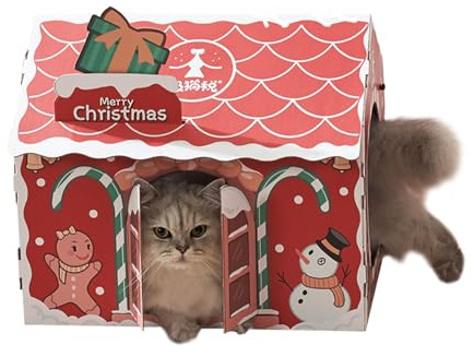 Rascador de casa de gato de cartón de Navidad para gatos, cartón de Navidad, casa de gato con hierba gatera, casa de gato con almohadilla para arañazos y hierba gatera para gato, Navidad, regalo de