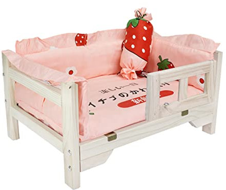 XZZHSM Katzenbett, Luxus-Hundebett mit Holzrahmen und Zaun, erhöhte Sofabetten für Haustiere, abnehmbare, waschbare, weiche Matratzen, für den Winter- und Sommergebrauch (Farbe: Rosa)
