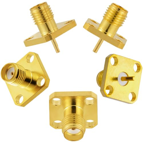 Vecys 5 Stück SMA Buchse 4 Loch Panel Mount RF Koaxialstecker 50 Ohm SMA Buchse Flansch Chassis Mount Anschluss Löten Messing Vergoldet Konverter für WiFi Radio Antenne Koaxialkabel