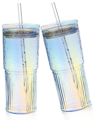 SUNOYA Lot De 2 Tasses À Café En Verre Avec Couvercles Et Pailles, 600 Ml Tasses En Verre Avec Couvercles, Verre Avec Couvercle Et Paille, Pour Café, Thé, Smoothie, Passe Au Lave-Vaisselle