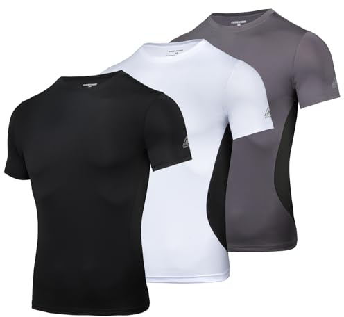 AMZSPORT Maglietta a Compressione da Uomo, a Maniche Corte, Funzionale, Cool Dry, per Allenamento e Corsa, Nero Bianco Grigio, M