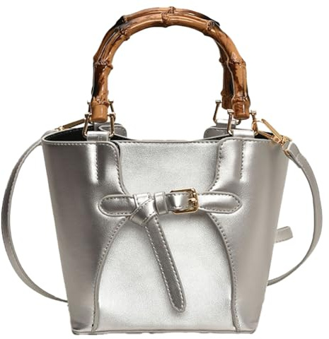 Women’s Bucket Bag Trendy Crossbody Bags For Women Vegan Leather Bamboo Handle Shoulder Handbags Spring Summer Travel Purse