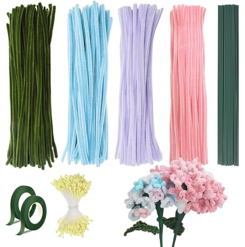 Barlone 400 Stück Pfeifenputzer zum Basteln Blumen, 4 Farben Pfeifenreiniger Blumen Set, mit 20 Blumendraht, 2 Kreppband, 350 Blumen Staubblatt für Blumenstrauß DIY,Pfeifenreiniger Zum Blumen Basteln
