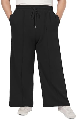 Moon Wood Pantaloni Palazzo Donna Jogging Sportivi Pantaloni Larghi Cotone Donna Baggy Gamba Dritta Elasticizzati Vita Alta con Tasche Taglie Forti Nero 4XL