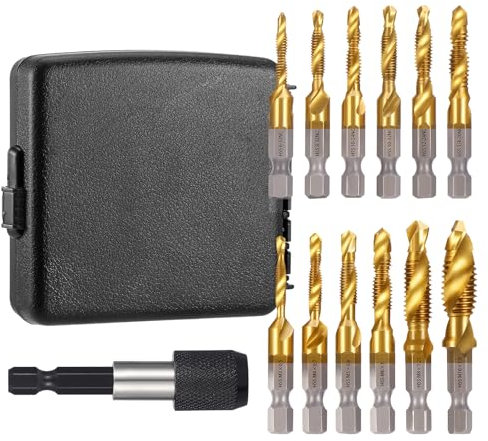 13 Pièces Foret Taraudeur HSS, SAE/Metric M3-M10 Foret Taraud Filetage Métrique Jeu de Forets et de Tarauds Combinés avec Adaptateur de Taraud pour Bois Métal Plastique Aluminium