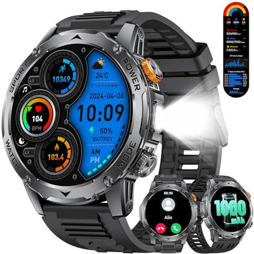 LIGE Smartwatch Uomo con Torcia LED/1000mAh, Chiamata Bluetooth, IP68 Impermeabile, 100+ Modalità Sportive, Outdoor, Monitoraggio Della Salute, 1,75'' Orologio Smartwatch per Android iOS,Nero