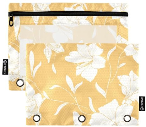 OWFKAY Lot de 2 trousses à crayons pour classeur à 3 anneaux, 3 trous, fermeture éclair, fenêtre transparente, lys blancs, fleurs d'été et de printemps sur jaune, Lys blanc été printemps fleurs sur