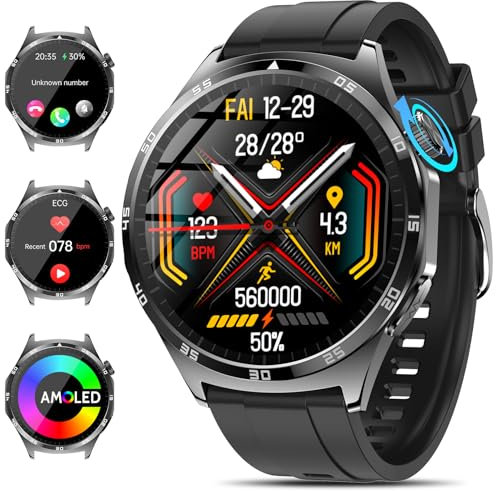 2025 Neu Smartwatch Herren mit EKG/ΒΙυtzυcker/Harnsäure/BMI Rund 1,43 AMOLED Fitness Gesundheitsuhr mit 24/7 Herzfrequenz Blutdruck SPO2,Schlaf/Apnoe-Monitor Bluetooth-Anrufe,SOS-Notruf, Android/iOS