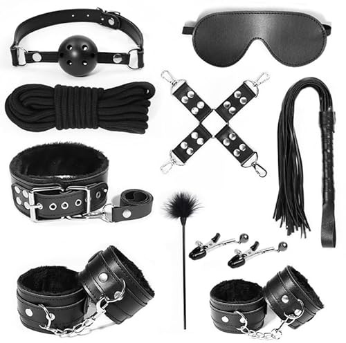QiKKago Sex Bondage Set、 11 Pezzi di Classico Set Multifunzione in Pelle Nera con Bastone da Allenamento E Cuffia, F31