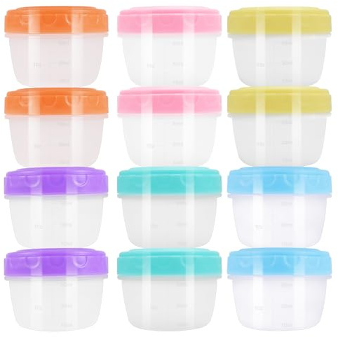 WJMY 12 stycken fryslådor små (80 ml), små lådor med lock, plast, BPA-fri, stapelbar, återanvändbar, skruvstängning, läckagesäker, för såser, snacks och kompletterande mat för spädbarn