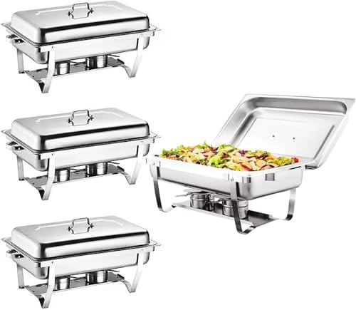 Set di 4 scaldavivande in Acciaio Inossidabile, Set da Buffet da 8 Litri di Dimensioni Standard, scaldavivande Rettangolare per Catering, per Buffet, Banchetti, Feste, Argento