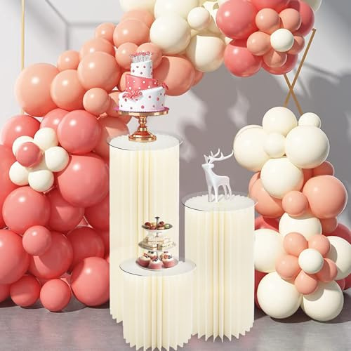 magalo Cylinder Stands for Party 3PCS Foldable Cardboard Columns Round Display Pedestal Stand Cylinder Tables for Wedding Birthday Baby Shower Dessert Cake Decoration-Cream White