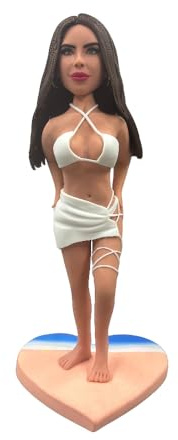 mydedor Bikini Woman Bobblehead - Figura personalizada hecha a mano de la foto, traje de baño blanco, estatua de niña de playa, regalo único de vacaciones de verano para ella