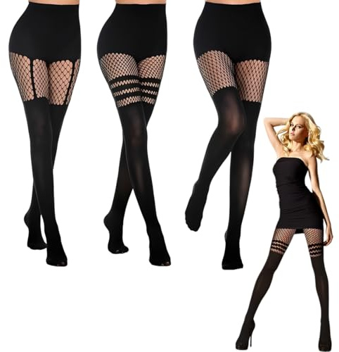 UIEXAY 3 Paia Di Collant A Rete Neri A Righe A Vita Alta, Calze Sexy A Rete Opache, Calze Sexy Da Donna, Per Feste Quotidiane, Cosplay E Discoteca, Nero, Taglia Unica