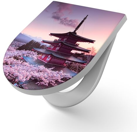 DEQORI Abattant WC avec motif « Temple des fleurs de cerisier japonais » - Abattant de WC en Duroplast blanc - Format 36,4 x 45,4 cm - Lunette de toilette antibactérienne en forme de D avec couvercle