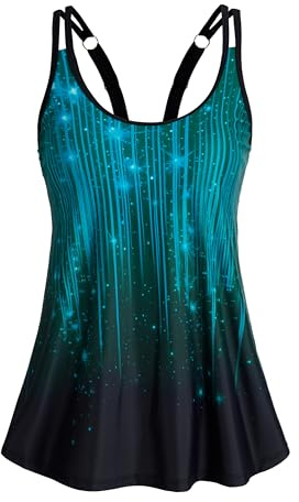 HUSKARY Women's Tankini Tops Adjustable Straps Swim Top Only Long Torso Summer Beach Bathing Suit Blue Green Rays 16W