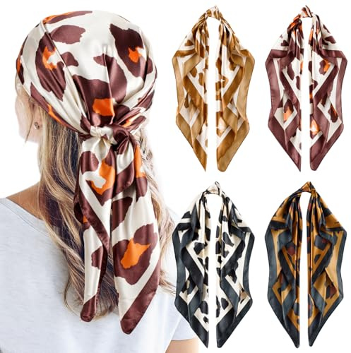 QBSM 4 Pcs 35'' Satin Seidentuch – Großes Quadratisches Kopftuch für Frauen, Seidenschal für Haar, Schlaf & Hals (90x90cm)