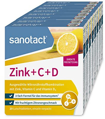 sanotact Zink + C + D (8x20 Lutschtabletten) • Zink Tabletten mit Vitamin C & Vitamin D3 • Vitamine für Immunsystem • Immun Vitamine • Zink Lutschtabletten • Fruchtiger Zitronengeschmack