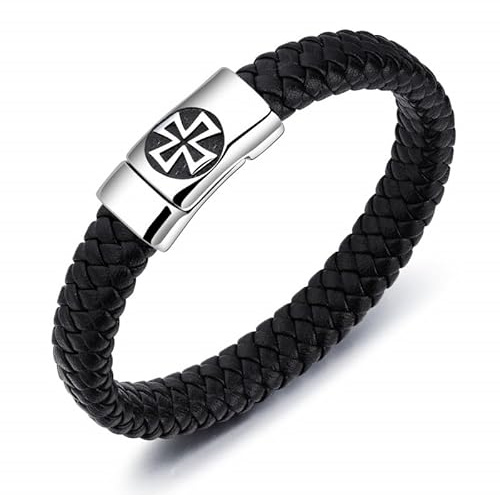 BOBIJOO Jewelry - Bracelet Homme Cuir Chic Noir Acier Templier Croix Pattée 3 Dimensions Au Choix, One Size, Cuir