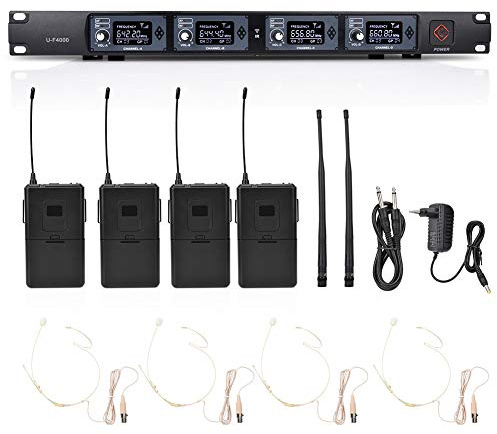 Garsent Micrófono inalámbrico, 4 Auriculares inalámbricos UHF con Receptor transmisor para enseñanza guía turística reuniones conferencias (642,2~660,8 MHz)