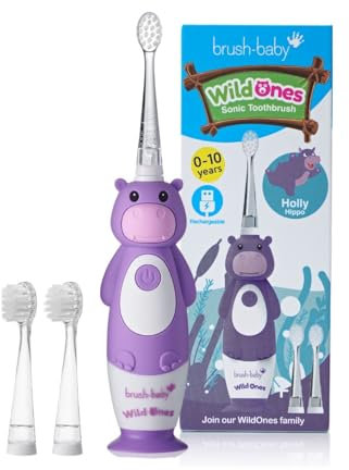 brush-baby WildOnes Kids Brosse à dents électrique rechargeable HIPPO, 1 manche, 3 têtes de brosse, câble de chargement USB, pour 0-10 ans (Hippo)