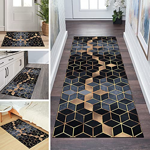 Teppich Läufer Flur rutschfest 60x200cm Küchenteppich Schwarz Grau Gold Geometrisch Waschbar Meterware Schlafzimmer Korridor Teppichläufer Lang, Länge Anpassbare, 60/ 70/ 80/ 90/ 100/ 120cm Breit