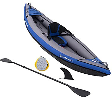 Bluemarina Kajak aufblasbar Samoa | Kanu für 1 Person - Luftkajak mit Paddel - Pumpe - Transporttasche - Aufblasbares Paddelboot - Kajaks Zubehör - Schlauchboot - Angelkajak - Wasserboot (1-Sitzer)