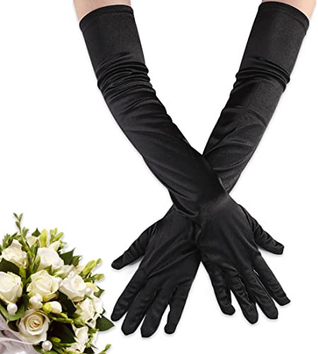FUKPO Schwarze Handschuhe Lang, 20er Jahre Schwarze Lange Handschuhe Damen Satin Handschuhe, Hochzeit Kostüm Opern Handschuhe Ellenbogen Lang 1920er Abendhandschuhe