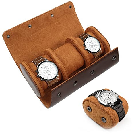 gramiibeau Uhrenrolle Uhrenbox 3 Uhren Braun, PU Leder Tragbare Zylindrische Uhren-Aufbewahrungsbox mit Samt-Innenfutter, Uhrengehäuse für Männer und Frauen, 23x10x7.5 CM