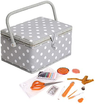 Hobby Gift Exklusive vorgefüllte Nähbox, Bastel-Aufbewahrungsbox mit 94-teiligem Nähset inklusive, 18,5 x 25,5 x 14,5 cm, graue Tupfen