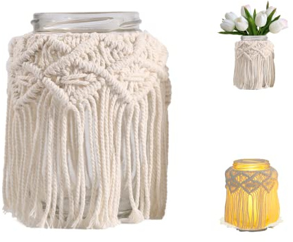 Kerzenständer Makramee Girlande, Windlichter Deko Kerzen, Beige Boho Deko Balkon Für Kerzen Und Trockenblumen (1pc-12.5x6.5)