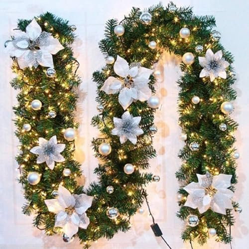 SHAVINGFUN Christmas garland,christmas garland with lights,2.7M/ 9FT Christmas Garland Decorations Illuminated with LED Lights,for Stairs Fireplaces Christmas Festive Wreath Xmas Decor (Silver White)