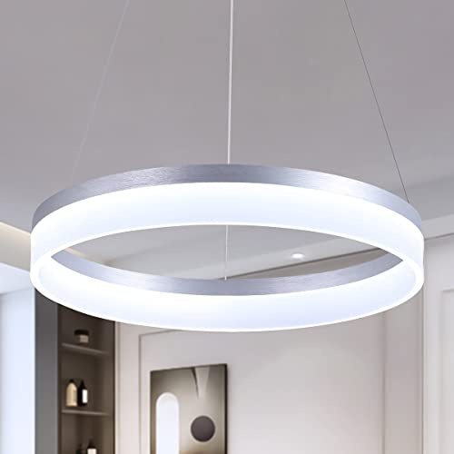 Buccleuch Modern LED Chandelier - Dimmable 19.7 Silver Round Pendant Light, Height Adjustable UL-Certified Ceiling Light for Dining Room, Kitchen Island, Living Room, Bedroom, Foyer, 6500K
