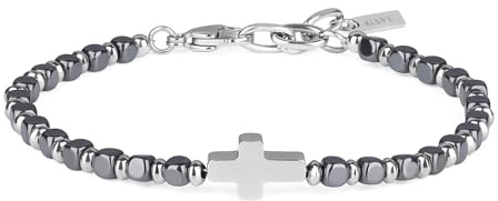 GAVU Pulsera de Hombre en Acero y Piedras Semipreciosas con Dije de Cruz y Pepitas Cuadradas de Hematita