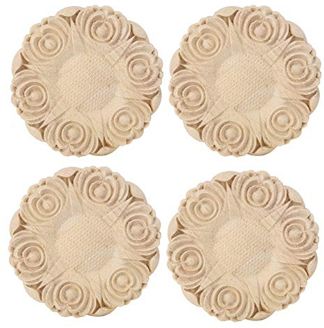 Holzapplikationen für Möbel, 4 Stück, Wooden Furniture Appliques, Ornamente zum Aufkleben Holz, 10cm Rosette, mit Exquisiten Mustern, für Schrank Tür Fenster Wand Dekoration