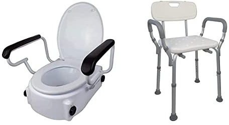 Mobiclinic®, Elevador WC para adultos con reposabrazos, Tajo, 19 cm, Marca española, Blanco & Silla de Ducha con Respaldo, De baño, para Adultos, Puerto