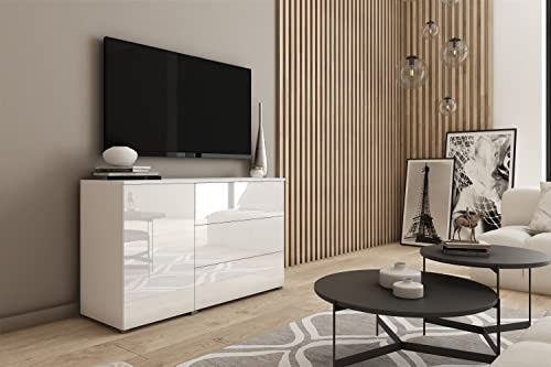 MINIO go for it - Kommode mit Schubladen Parma Sideboard 111cm Breit | Wohnzimmer Möbel, Push to Open System, Farbe: Weiß matt / Weiß Hochglanz