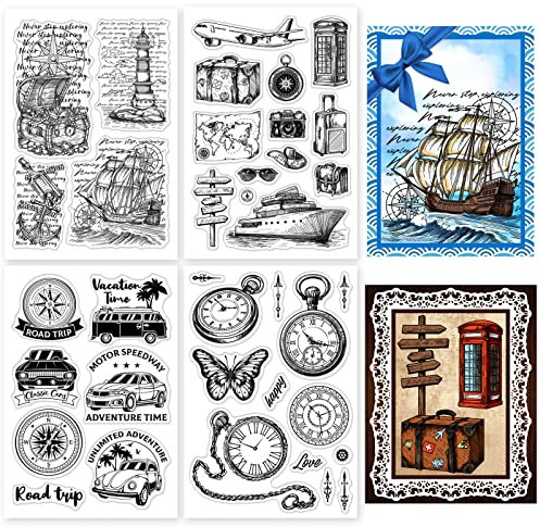 GLOBLELAND 4 Blatt Weltreise-Schiffskompass Klare Briefmarken Auto Schiffsreise Weltreiseuhr Kreuzfahrtschiff Transparente Silikon-Gummistempel Für DIY-Scrapbooking-Zubehör Prägepapier